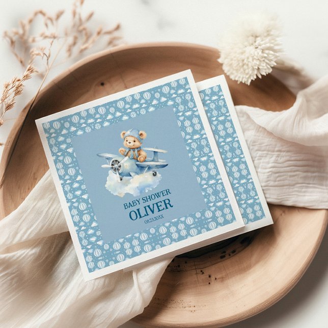 Cute Bear Blue Plane Time Flies One 1st Birthday Napkins (Creator Uploaded)