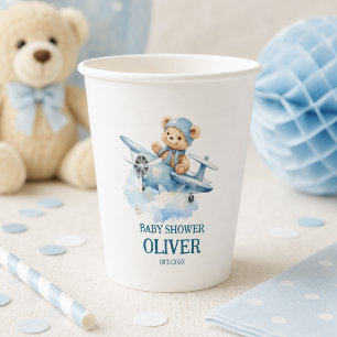 Cute Bear Blue Plane Time Flies One 1st Birthday Paper Cups