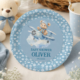 Cute Bear Blue Plane Time Flies One 1st Birthday Paper Plates