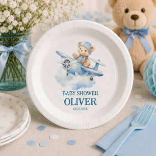 Cute Bear Blue Plane Time Flies One 1st Birthday Paper Plates