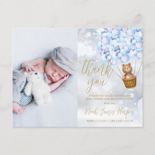 Cute Bear Blue Thank You Winter Baby Photo Birth Announcement Postcard