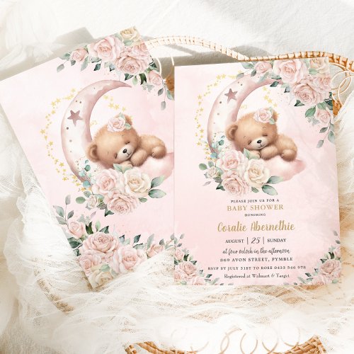 Cute Bear Blush Ivory Floral Girl Baby Shower Invitation