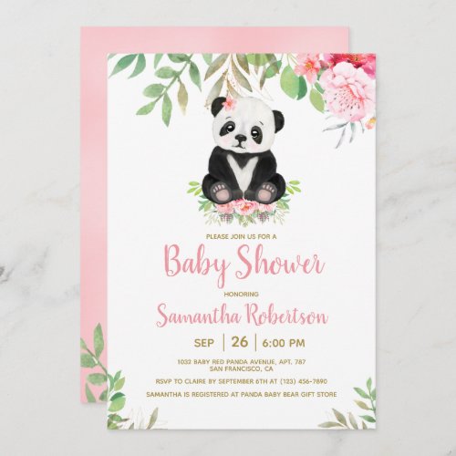 Cute Bear Blush Pink Floral Girl Baby Shower Invitation
