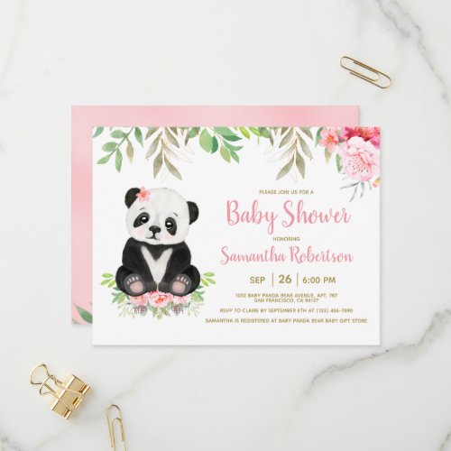 Cute Bear Blush Pink Watercolor Girl Baby Shower Invitation Postcard
