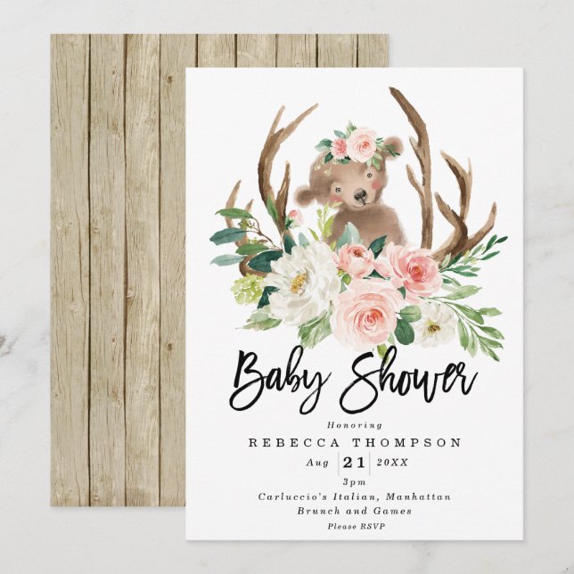 cute bear boho floral modern baby shower invitation (Front/Back)