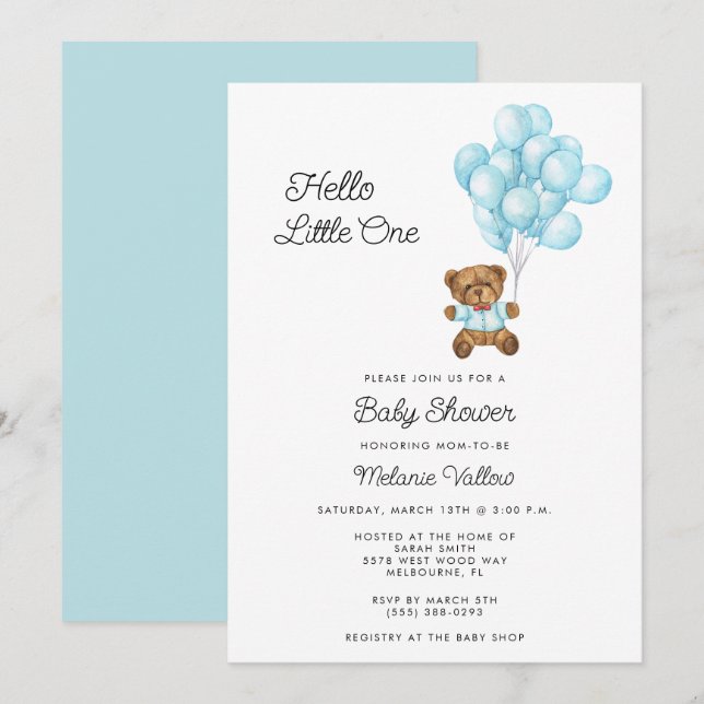 Cute Bear Boy Blue Baby Shower Invite (Front/Back)