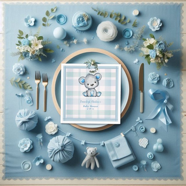 Cute Bear Boy Plaid Blue Napkins (Creator Uploaded)
