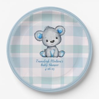 Cute Bear Boy Plaid Blue