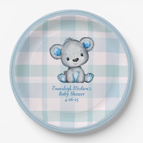 Cute Bear Boy Plaid Blue Paper Plates