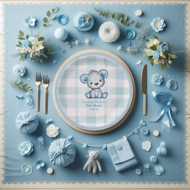 Cute Bear Boy Plaid Blue Paper Plates (Creator Uploaded)