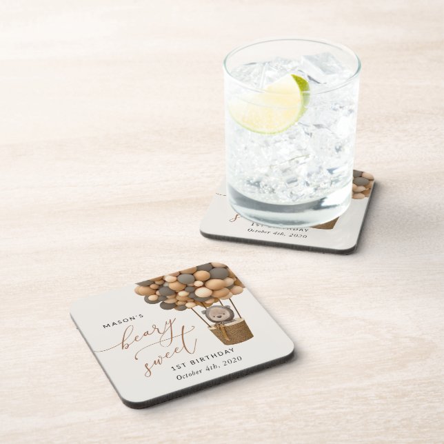 Cute Bear, Brown Balloons, First Birthday Beverage Coaster (Right Side)