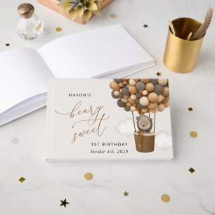Cute Bear, Brown Balloons, First Birthday Guest Book