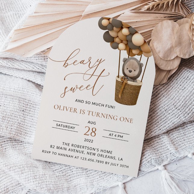 Cute Bear, Brown Balloons, First Birthday Invitation (Creator Uploaded)