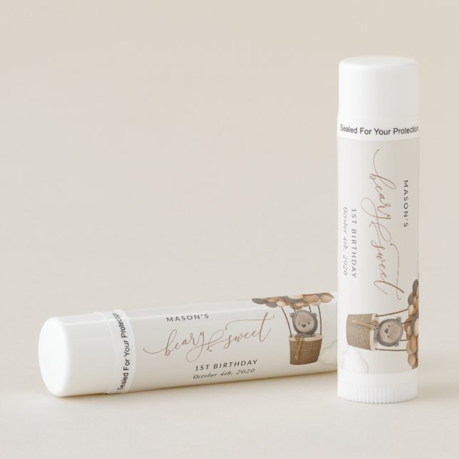 Cute Bear, Brown Balloons, First Birthday Lip Balm (Front)