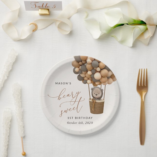 Cute Bear, Brown Balloons, First Birthday Paper Plates (Wedding)