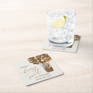 Cute Bear, Brown Balloons, First Birthday Square Paper Coaster