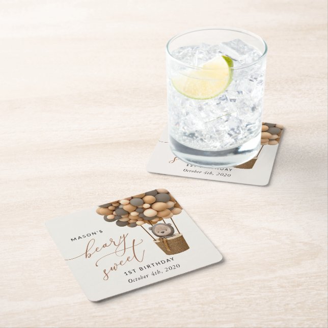 Cute Bear, Brown Balloons, First Birthday Square Paper Coaster (Insitu)
