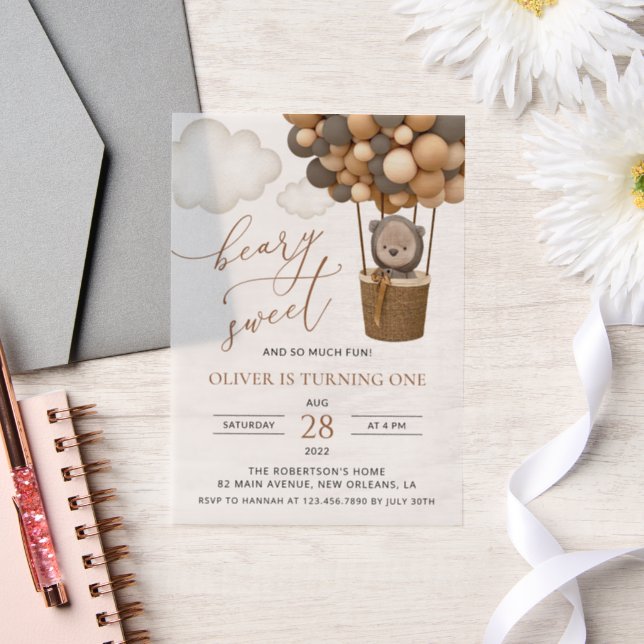 Cute Bear, Brown Balloons, First Birthday Vellum Invitations (Wedding)