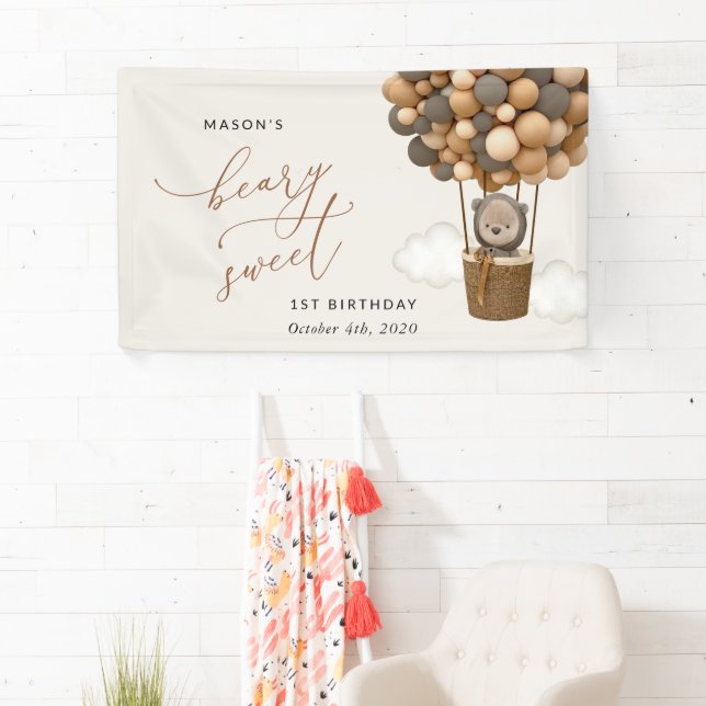 Cute Bear, Brown Balloons, First Birthday Welcome Banner (Insitu)