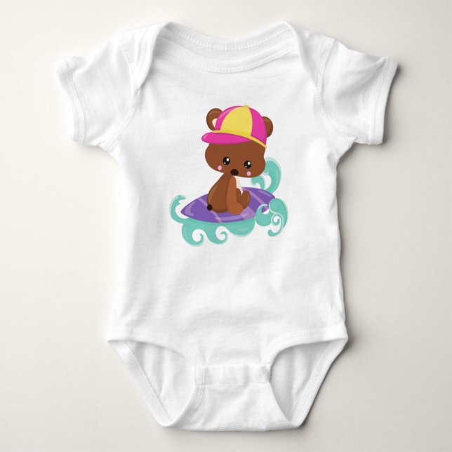 Cute Bear, Brown Bear, Little Bear, Surfing Board Baby Bodysuit (Front)