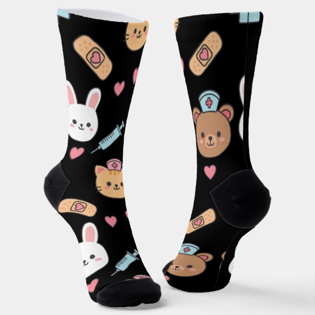 Cute Bear Bunny Kitten Medical Pattern  Socks (Angled)