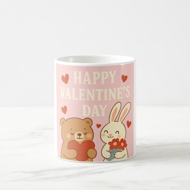 Cute Bear & Bunny Valentine's Day Mug – Pink Heart (Center)