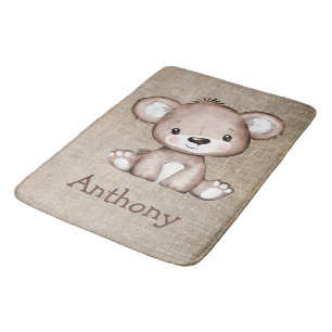 Cute Bear Burlap Rustic Name Watercolor Bath Mat