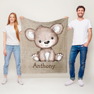 Cute Bear Burlap Rustic Name Watercolor  Fleece Blanket