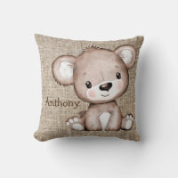 Cute Bear Burlap Rustic Name Watercolor
