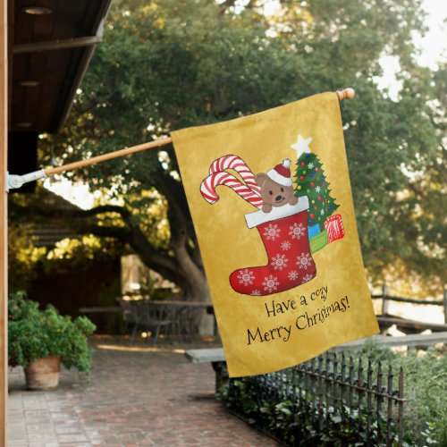 Cute Bear Candy Cane in Christmas Stocking House Flag