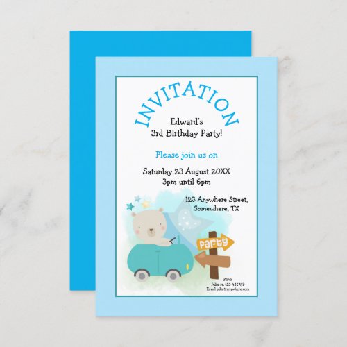 Cute Bear Car Boy 3rd Birthday Party Blue Invitation