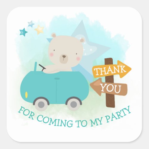 Cute Bear Car Thank You Toddler Birthday Square Sticker