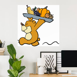 Cute Bear Carrying a Festive Harvest Platter Poster