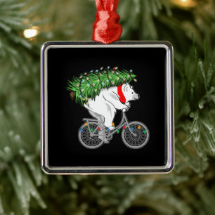 Cute Bear Carrying Christmas Tree Gift For Cyclist Metal Ornament