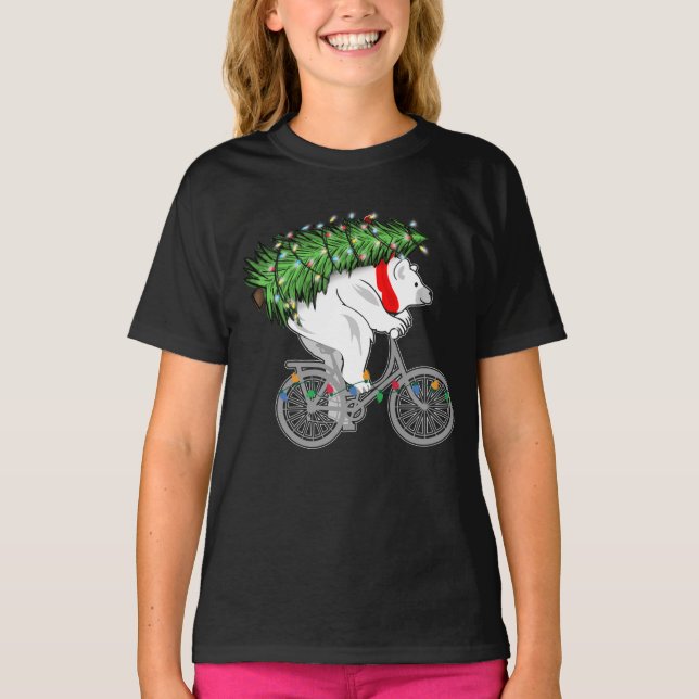 Cute Bear Carrying Christmas Tree Gift For Cyclist T-Shirt (Front)