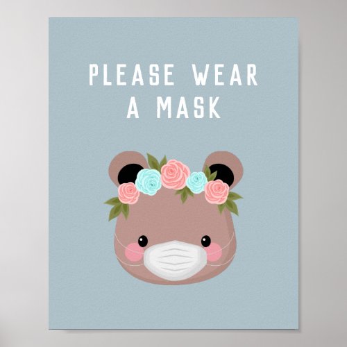 Cute Bear Character Floral Wear A Mask Blue Covid Poster