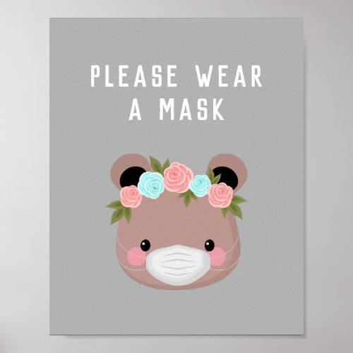 Cute Bear Character Floral Wear A Mask Gray Covid Poster