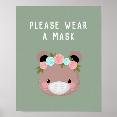 Cute Bear Character Floral Wear A Mask Green Covid Poster