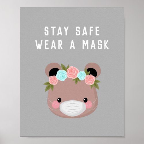 Cute Bear Character Floral Wear Covid Safe Gray Poster