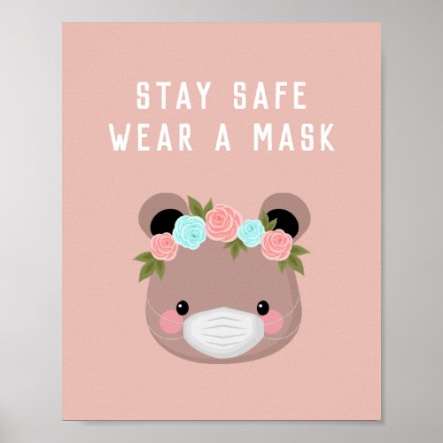 Cute Bear Character Floral Wear Covid Safe Mask Poster