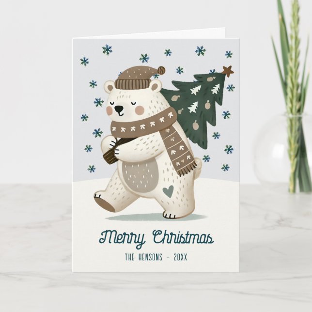 Cute Bear Christmas Tree Drawing Christmas Holiday Card (Front)