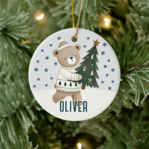 Cute Bear Christmas Tree Kids Name Christmas Ceramic Ornament