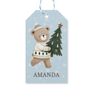 Cute Bear Christmas Tree Snowflakes Kids Name  Gift Tags