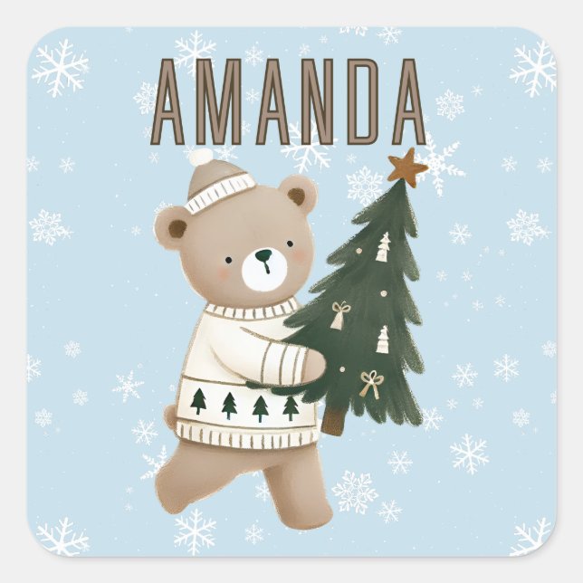Cute Bear Christmas Tree Snowflakes Kids Name  Square Sticker (Front)