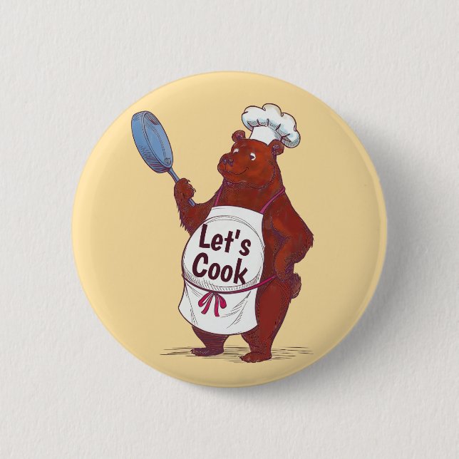 Cute Bear Cooking, Let's cook Chefs gift Button (Front)