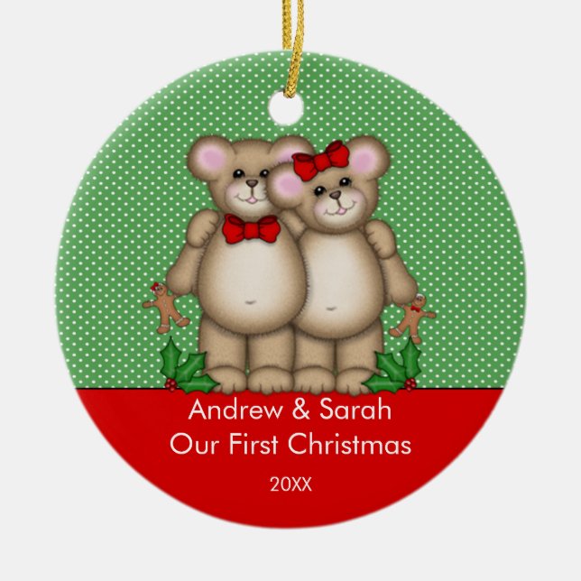 Cute Bear Couple Our First Christmas Ornament (Front)