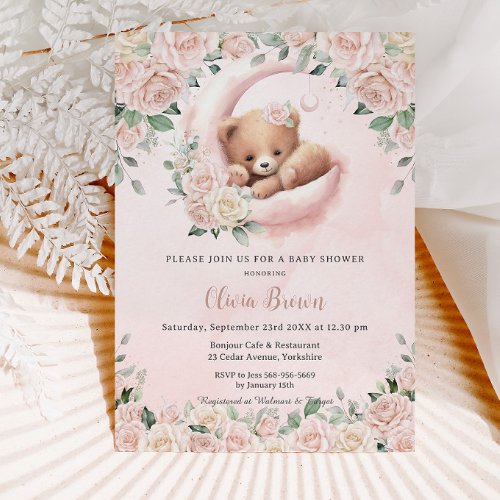 Cute Bear Crescent Moon Blush Floral Baby Shower Invitation