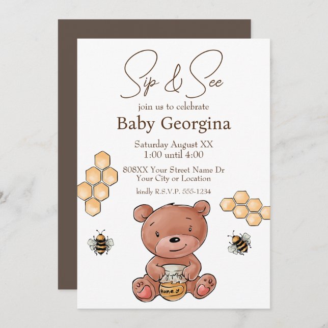 Cute Bear Cub and Honey Bees Baby Sip and See Invitation (Front/Back)