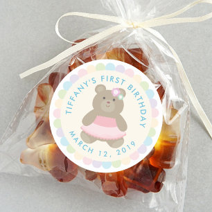 Cute Bear Cub Ballerina Baby First Birthday Party Classic Round Sticker