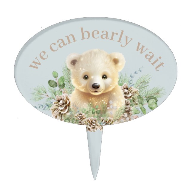 Cute Bear Cub Bearly Wait Blue Winter Baby Shower Cake Topper (Front)